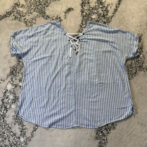 Arna York Collection Top Womens Size 22/24 Blue Stripe Lace Up Front Linen Blend